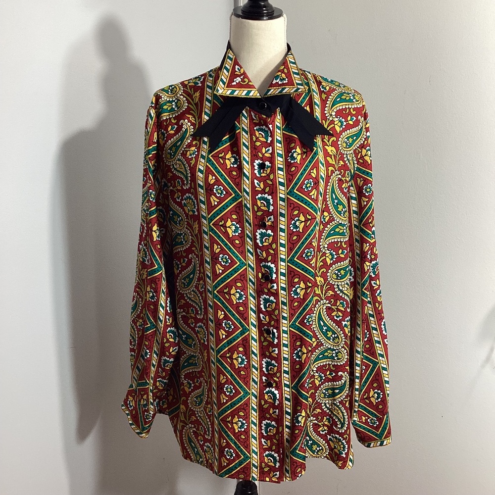 NWOT BOB MACKIE WEARABLE ART SZ LARGE 100% SILK BLOUSE PAISLEY FLORAL VINTAGE